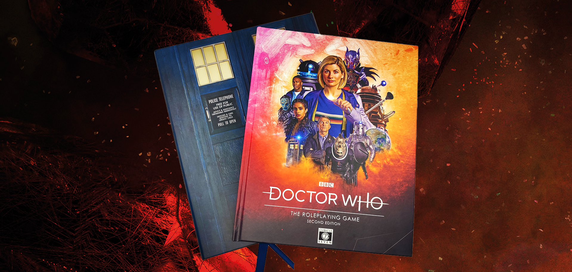 Doctor Who Roleplaying game book front cover displayed ontop of the Doctor Who Roleplaying game Collectors Edition book's front cover